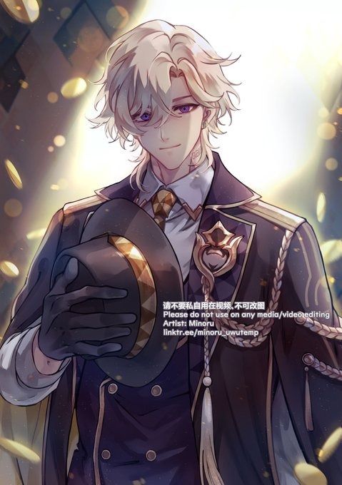 he image is a digital painting of a handsome animestyle male character. he has long blonde hair, purple eyes, and is wearing an elegant dark suit with gold accents. he is holding a darkcolored hat in his gloved hands.  the background is blurred, with a soft golden glow suggesting a magical or fantasy setting. the artist's watermark and a request not to use the image for commercial purposes are present in the image.