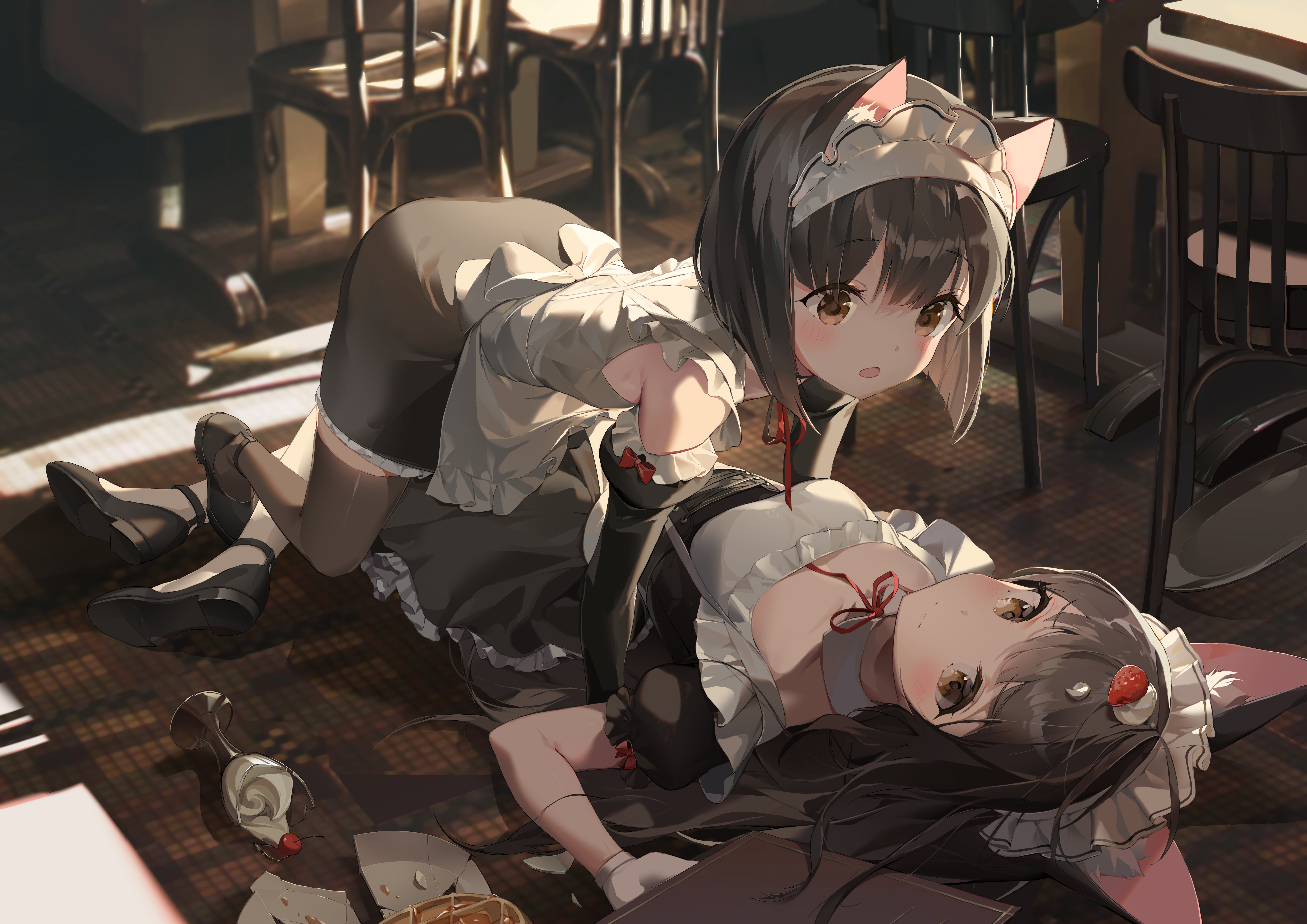 the image is a digital illustration of two anime girls dressed in maid outfits with cat ears. one girl is kneeling over the other, who is lying on the floor.  they appear to be in a cafe setting, surrounded by cafe chairs and scattered items on the floor, including what looks like a spilled dessert.  the overall mood is playful and cute. the artwork is detailed, with a focus on the characters' expressions and clothing.