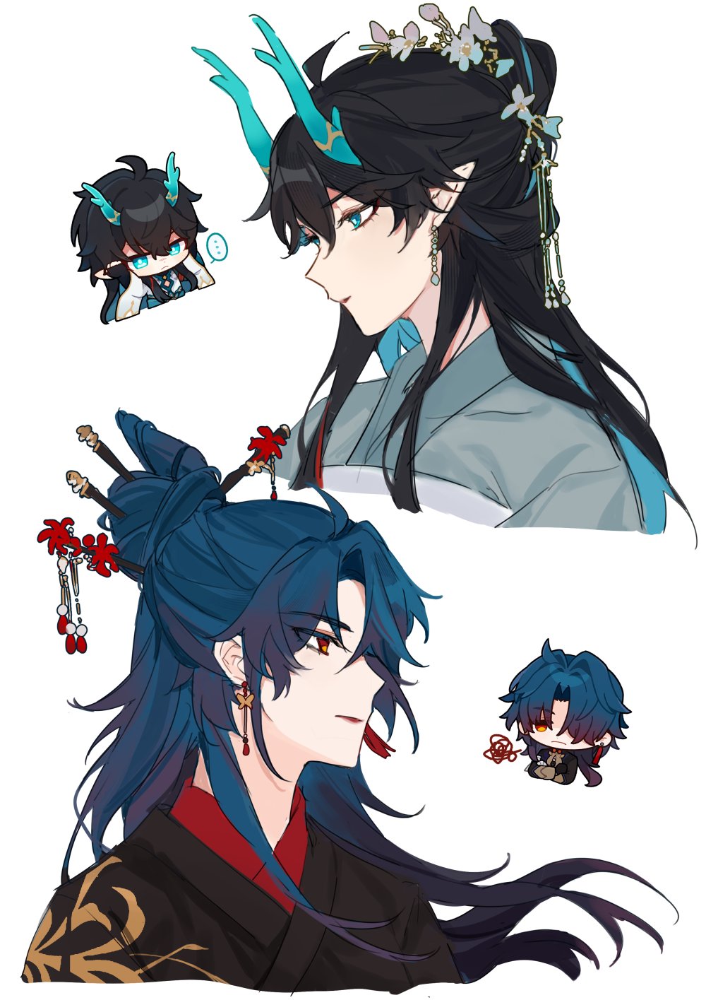 the image features two anime men, one with long black hair and a blue horn on his head, and another with long blue hair and a red string on his hair. they are both dressed in traditional japanese clothing.