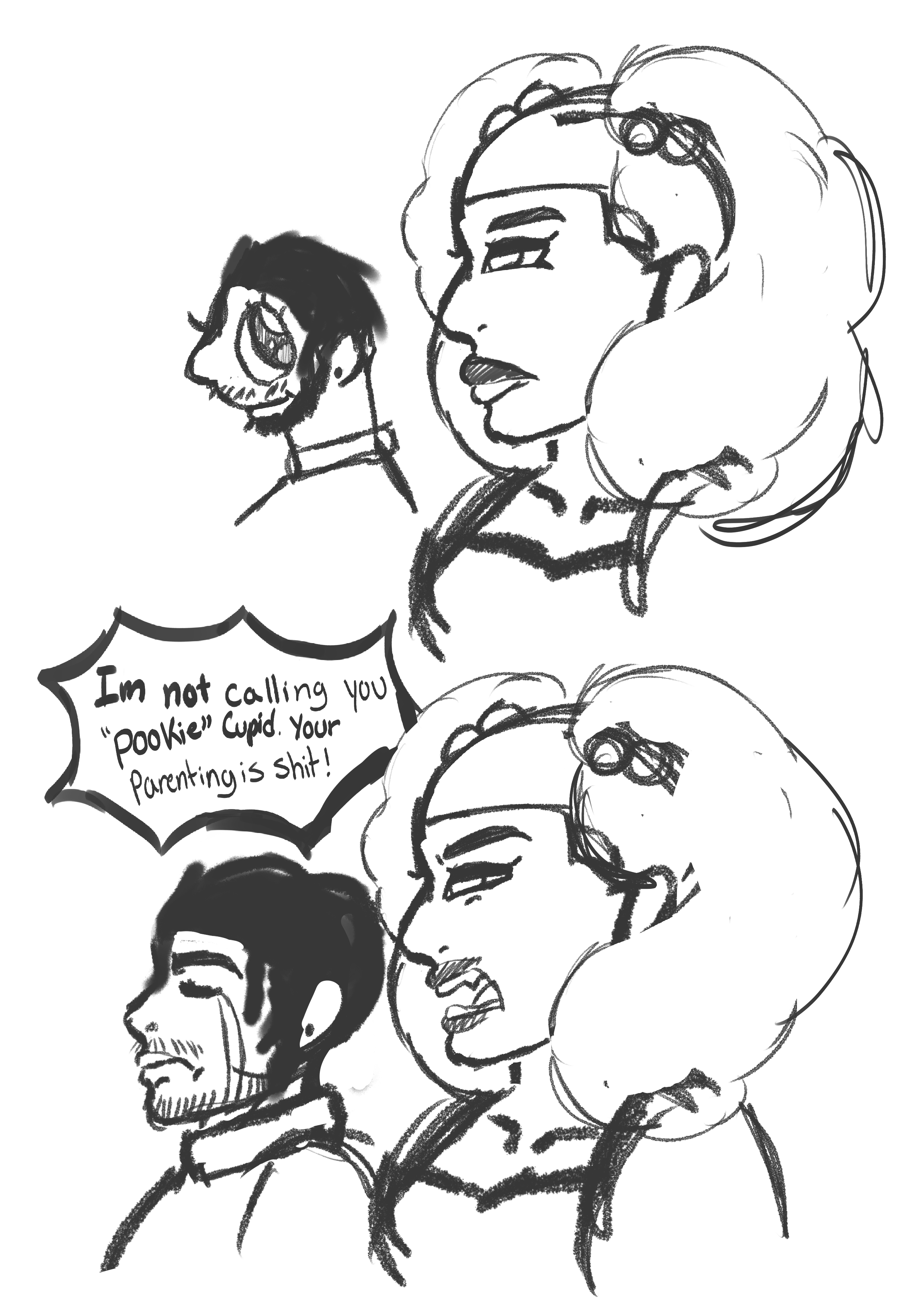 he image contains a handdrawn sketch of a comic strip style illustration showing an angry interaction between a man and a woman. the woman has large, curly hair, and the man has shorter hair. the woman's expression is furious, while the man looks upset and somewhat defeated.  a speech bubble shows the man telling the woman he is not calling her a nickname, and that her parenting is bad. the style is rough and expressive, typical of quick sketches or comic book art. the lines are not perfectly clean, giving the piece a more spontaneous feel. the overall mood is tense and confrontational.