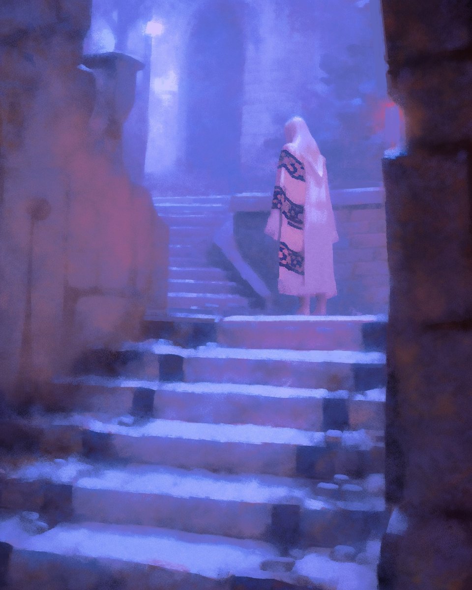 a woman in a white robe stands at the top of a stone staircase. the stairs are covered in snow, and the building is shrouded in mist. the scene is eerie and mysterious, as if something is not quite right. the woman's back is turned to the viewer, and her face is obscured by the mist. she looks like a ghost or a spirit, and the image evokes a sense of loneliness and isolation. the light is soft and diffused, adding to the dreamlike quality of the scene.