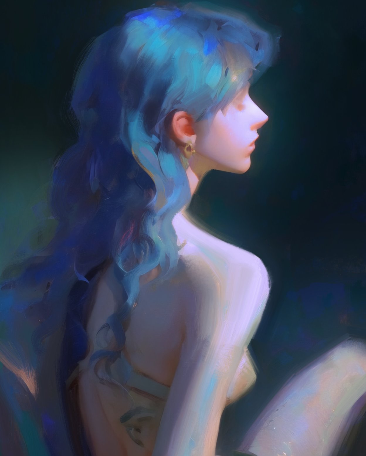 the image is a digital painting of a woman with long, flowing blue hair. she is looking away from the viewer, with her side profile visible. the painting is done in a soft, dreamlike style, with a focus on the woman's delicate features and the ethereal quality of her hair. the lighting is soft and diffused, creating a sense of mystery and intimacy. the overall effect is one of beauty and serenity.