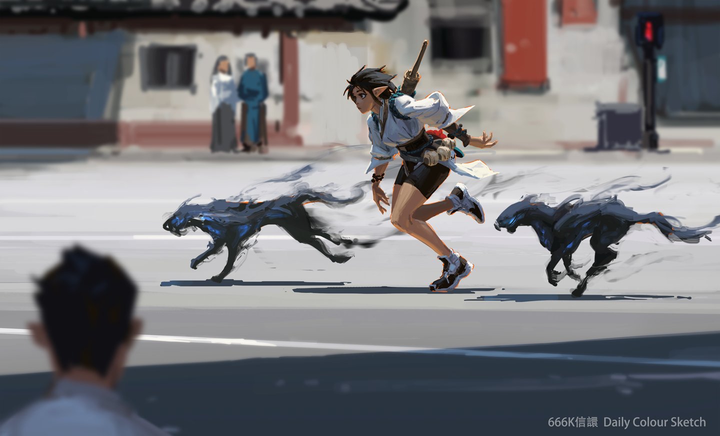 the digital painting depicts a young woman, styled in a manner reminiscent of anime or manga, running swiftly down a city street. she's wearing a lightcolored kimonolike top and dark shorts, and carries a sword on her back along with a satchel.  two dark, almost shadowy, wolflike creatures with glowing blue accents are running alongside her, appearing almost ethereal or ghostly in their blurry motion. the background features a slightly blurredout asianstyle street scene with traditional buildings and other people, creating a sense of depth and movement.  the overall style is dynamic, conveying a feeling of urgency and action. the image is signed "666k illust daily colour sketch".