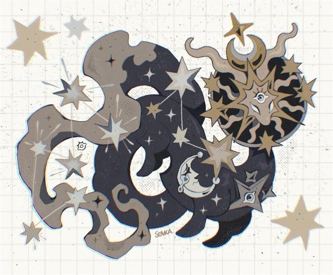 a stylized drawing features a cluster of celestial elements against a grid background. shapes resembling puzzle pieces in beige and dark navy interlock. stars of varying sizes and designs are scattered around the image. a sunlike object with radiating lines and an eye at its center is positioned on the right side, while a crescent moon with a face is on the lower part of the dark navy shape. the drawing has a mystical and otherworldly feel.
