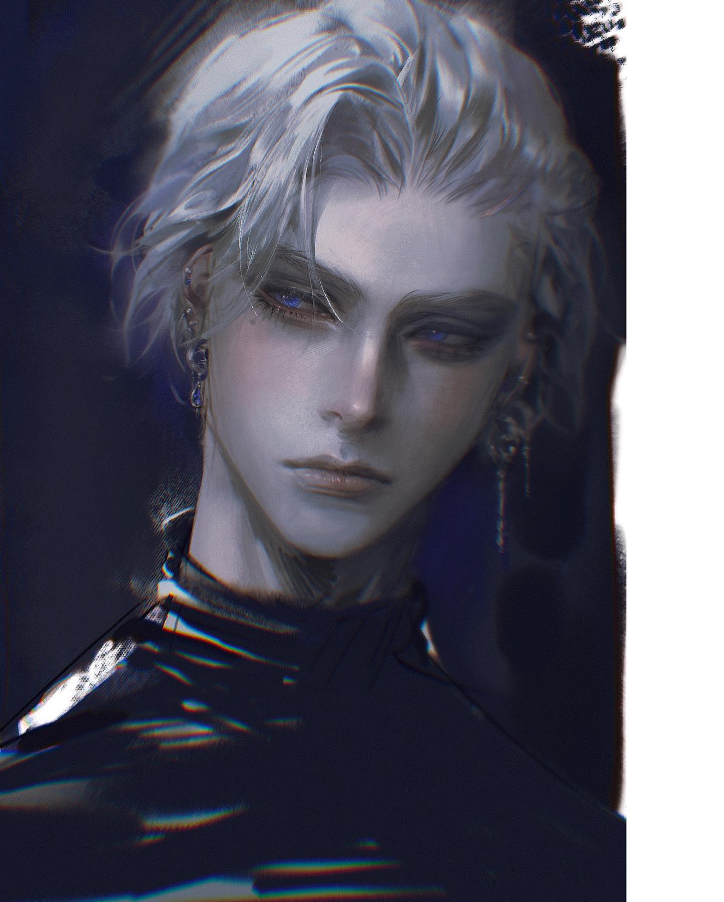 this is a digital art portrait of an androgynous anime boy with white hair and blue eyes, he has multiple earrings and is wearing a black turtleneck. the background is dark, and the lighting is soft, giving the image a moody and atmospheric feel.