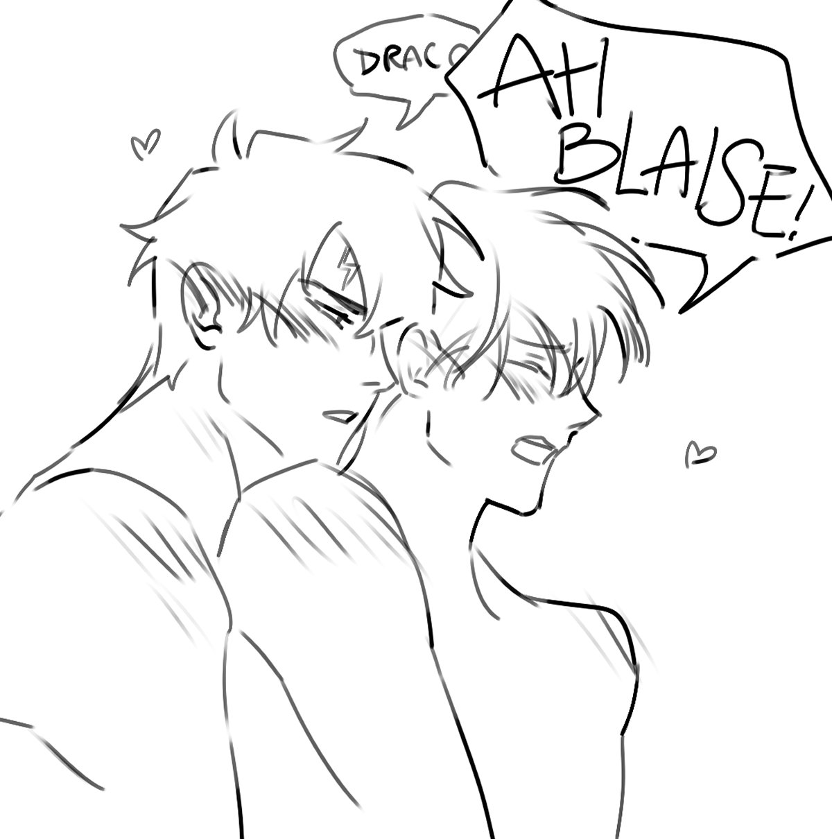 a black and white sketch depicting a romantic embrace between two animestyle characters. one character, labeled "draco" in a speech bubble, is hugging the other from behind. the other character, whose name "blaise" is visible in a speech bubble, appears to be blushing and slightly surprised. the style is loose and expressive, characteristic of fan art or quick sketches.  the overall mood is tender and affectionate.