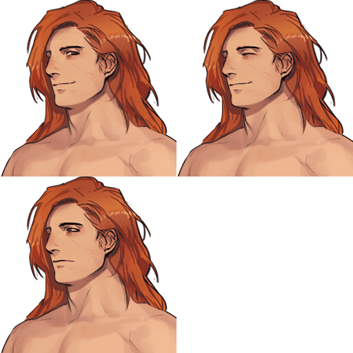 the image features four digital illustrations of the same man. he has long, vibrant orange hair and a bare chest. each panel showcases a slightly different angle or expression of his face, ranging from neutral to a subtle smile. the background is black, making the subject stand out. the art style is clean, smooth, and likely intended for character design, possibly for animation or video games.  the consistent lighting and rendering suggest a cohesive artistic approach.