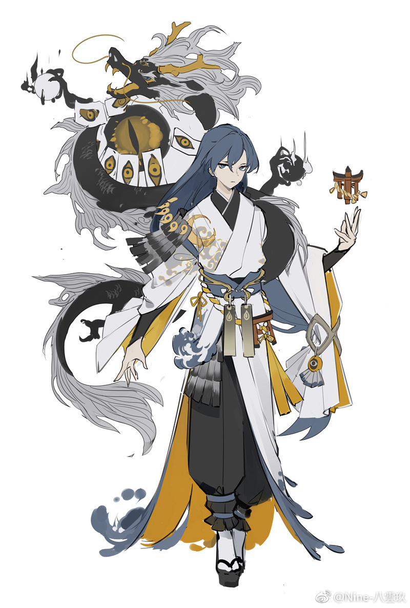 a young man with long blue hair and pale skin stands, accompanied by a black and white dragon. he is dressed in a white and gold robe with intricate details. the background is white, emphasizing the character and the dragon.