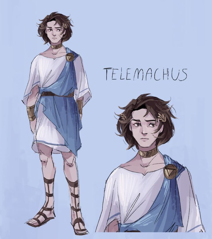 the image shows a character design of telemachus, son of odysseus from greek mythology.  it's a digital illustration presented in two styles: a fullbody depiction on the left showcasing him in a detailed classical greek outfit (chiton and himation) with sandals and jewelry; and a closer bust portrait on the right, showing a slightly more casual interpretation of his clothing and hair style. both versions display telemachus with a relatively serious or pensive expression. the name "telemachus" is written prominently in the background. the overall style leans towards a soft, somewhat painterly aesthetic.