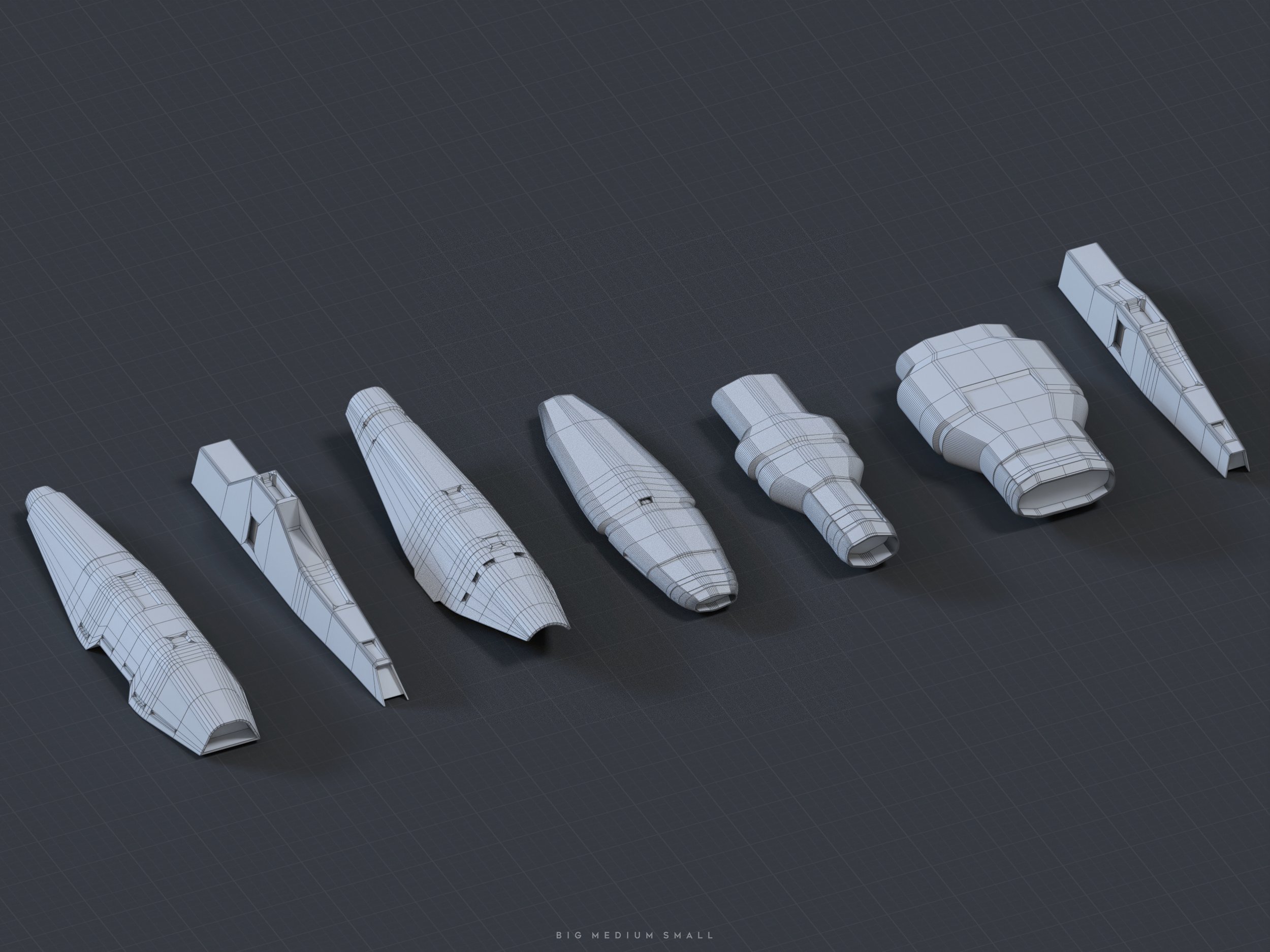 the image shows a 3d wireframe model of various spaceship parts, possibly missiles or rockets, arranged in a row from largest to smallest. the parts are rendered in a light gray wireframe against a dark gray background.  the sizes are labeled as "big, medium, small" at the bottom of the image, indicating a size comparison between the objects.  the overall style is futuristic and scifioriented.
