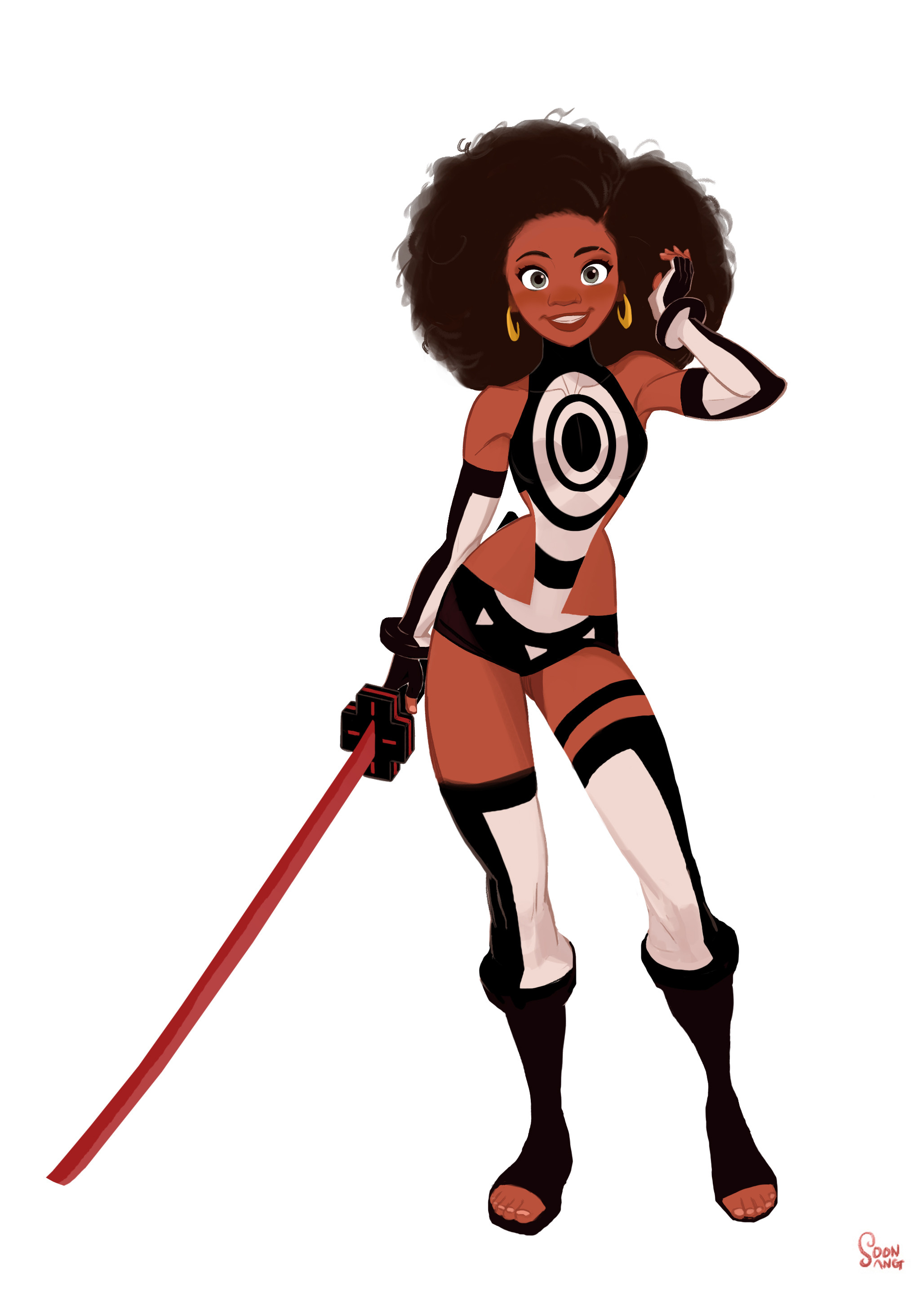 a digital illustration featuring a young black woman with a large afro hairstyle. she is dressed in a stylized black and white warrior outfit with geometric patterns, holding a red katana sword. the background is plain white and the lighting is soft, coming from the front.