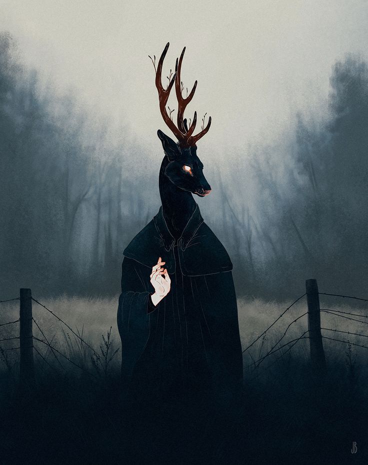 a dark fantasy image depicts a deerheaded figure wearing a dark cloak, standing in front of a foggy forest. the deer has antlers with small branches growing on them, and its eyes glow faintly. it extends a pale hand. a barbed wire fence is visible in the foreground. the overall tone of the image is mysterious and slightly eerie.