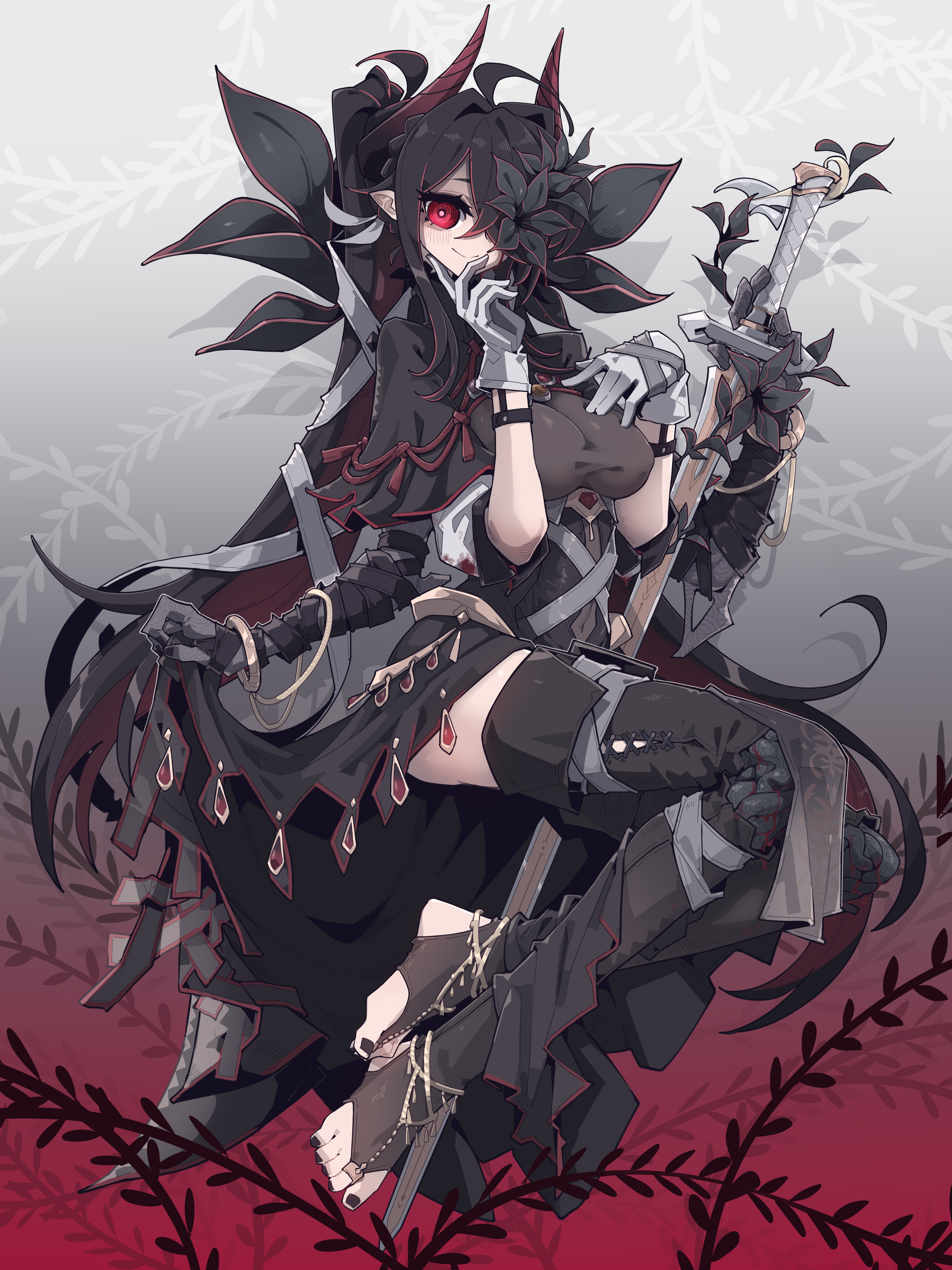 an anime character is depicted sitting and holding a sword. the character is an elf with red eyes and horns. the character has a dark, fantasy aesthetic with leaves around the character. the character is wearing gloves and is barefoot.