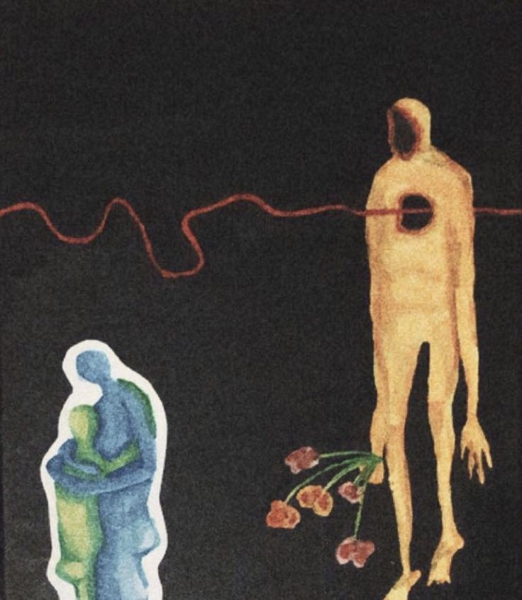 this is a surrealist drawing featuring a human figure with a heart pierced by a red string. the string continues on, eventually connecting to a couple embracing, possibly representing the relationship of the figure to the couple. the figure also holds a wilted bouquet of flowers, indicating sadness or loss. the overall feel of the drawing is abstract and evokes feelings of loneliness and separation.