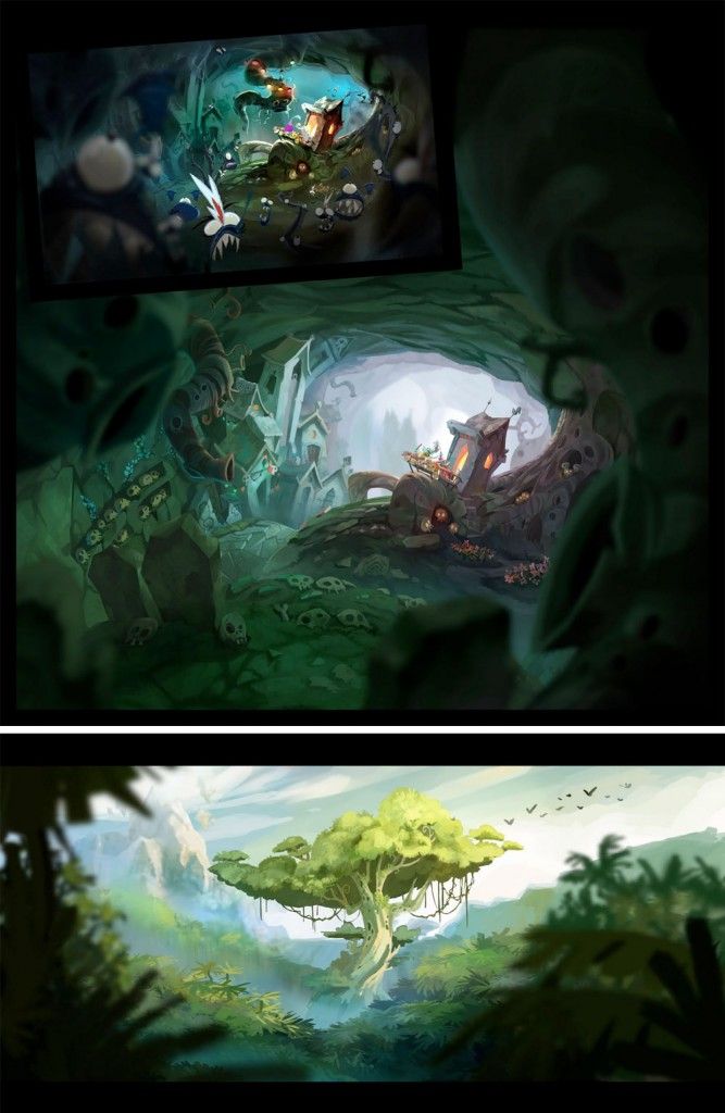 the image shows two fantasy landscape paintings. the top one features a greentoned cave with a village inside, including houses and skull decorations. a smaller version of the same scene is displayed on a screen or picture frame in the upper part of the cave painting. the bottom painting depicts a tropical jungle landscape with a large tree as the central feature, mountains in the background, and birds flying in the sky.