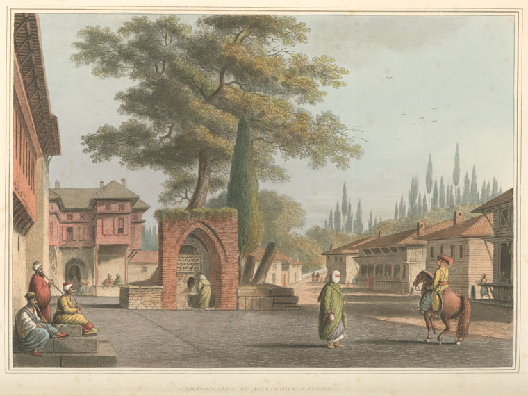 the image is a watercolor illustration depicting a scene in the ottoman empire, likely in or near constantinople (modernday istanbul). it shows a caravan serai, a roadside inn where travelers could rest and recover from the day's journey. the architecture is distinctly ottoman, with buildings featuring domed roofs and intricate details. men wearing turbans and traditional clothing are seen lounging and conversing, while women in modest garments are gathered at a fountain. a horse and rider are also present, possibly arriving or departing from the caravan serai. the scene suggests a bustling city with a mix of local residents and travelers passing through. the presence of a mosque indicates the importance of religion in ottoman society. the tree provides shade and adds a natural element to the urban landscape. overall, the illustration captures a glimpse into the daily life and culture of the ottoman empire.