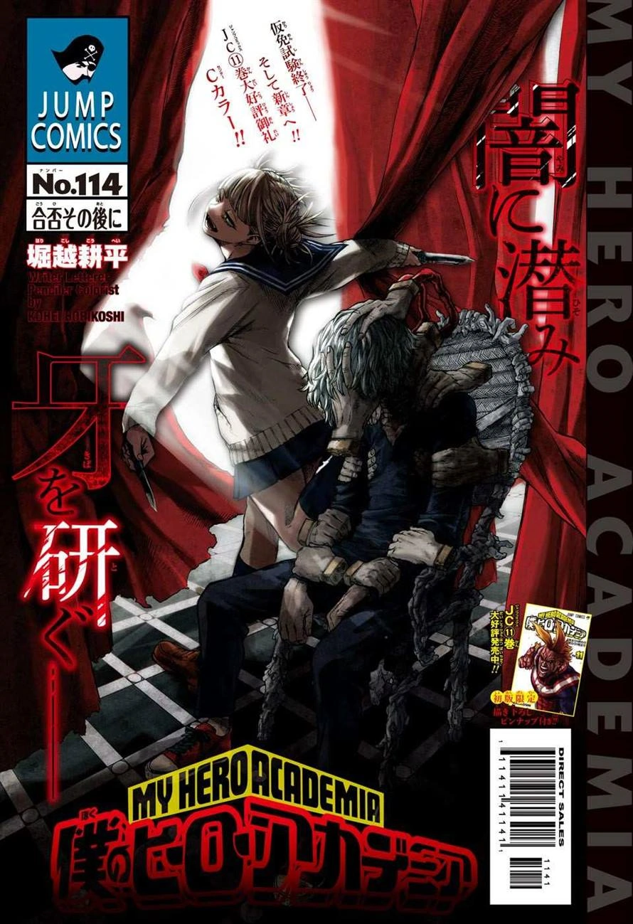 the image is a manga cover art for my hero academia volume 114. it features toga himiko standing behind shigaraki tomura, both holding knives. they are on a stage with dark red curtains behind them. the lighting is dramatic with a spotlight effect, highlighting the characters against the dark background. the art style is typical of manga, with bold lines and high contrast.