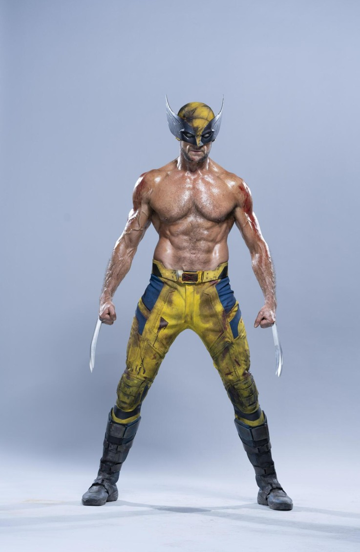 a full shot of a muscular man dressed as wolverine. he is wearing a yellow and blue costume with a mask, a belt, and boots. he has blades coming out of his hands. the background is a light grey.