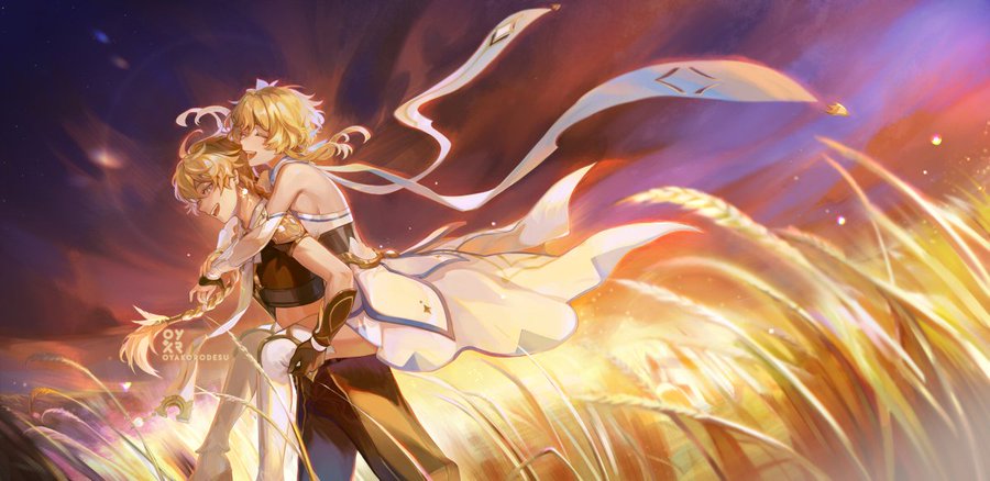 this is a digital painting of two anime characters standing in a field of grass. the female character is blonde with a white dress, holding a male character, also blonde, wearing black pants, from behind. they are both smiling at each other as if they are enjoying their time together. the background is of a setting sun, with a pink and yellow sky and grass. the characters are glowing with a golden light, adding to the magical and romantic atmosphere of the scene.