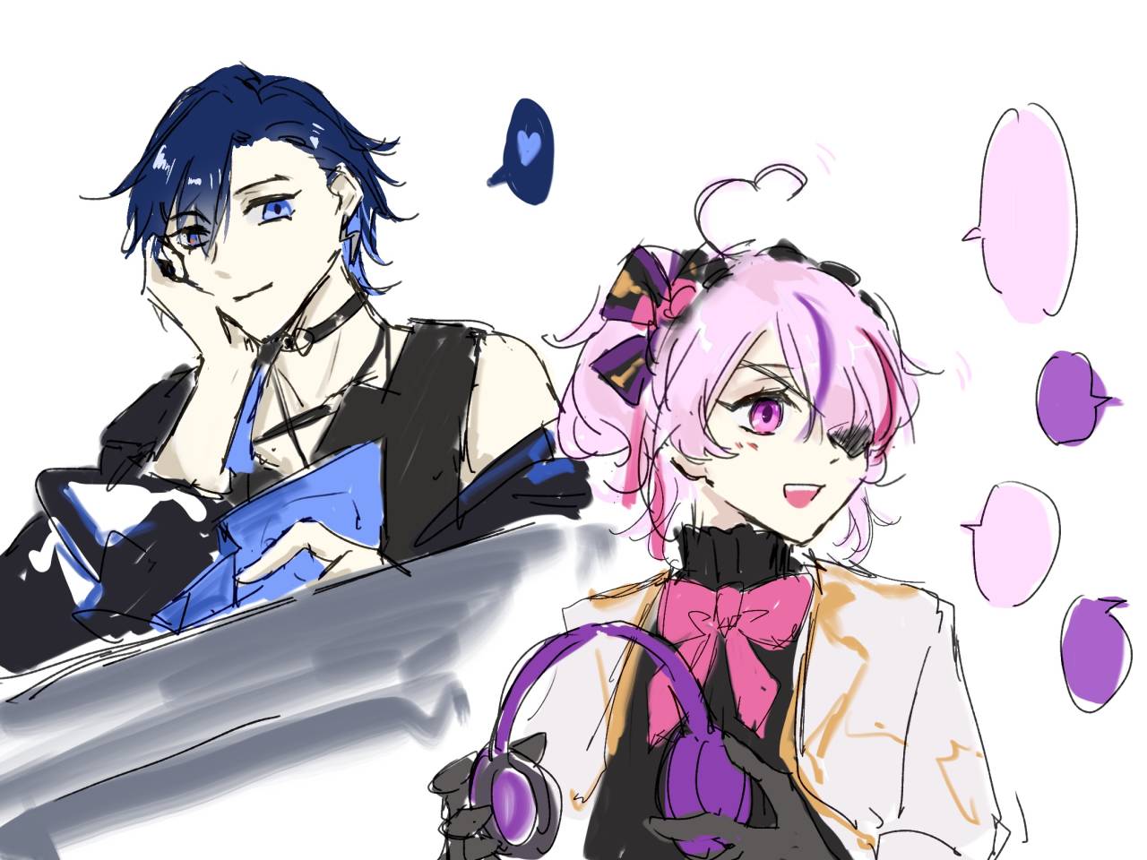 this image features a digital illustration of two anime characters, one male and one female. the male character is on the left side of the frame, with blue hair and a smirk, wearing a black and blue outfit. he is holding a blue object in his left hand. the female character on the right side of the frame has pink hair and a happy expression on her face, wearing a pink bow and white outfit. she is holding a pair of purple headphones. both characters are drawn in a rough and sketchy style with speech bubbles beside them, suggesting they are having a conversation.