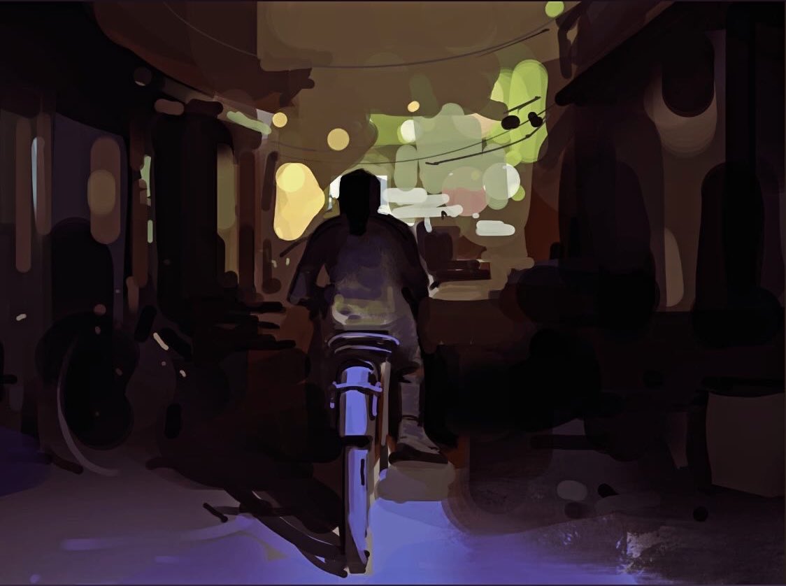 a person rides a motorcycle down a dark, narrow alleyway at night. the person is in silhouette, and the only light comes from streetlights in the distance. the alley is lined with buildings, and the atmosphere is quiet and mysterious.