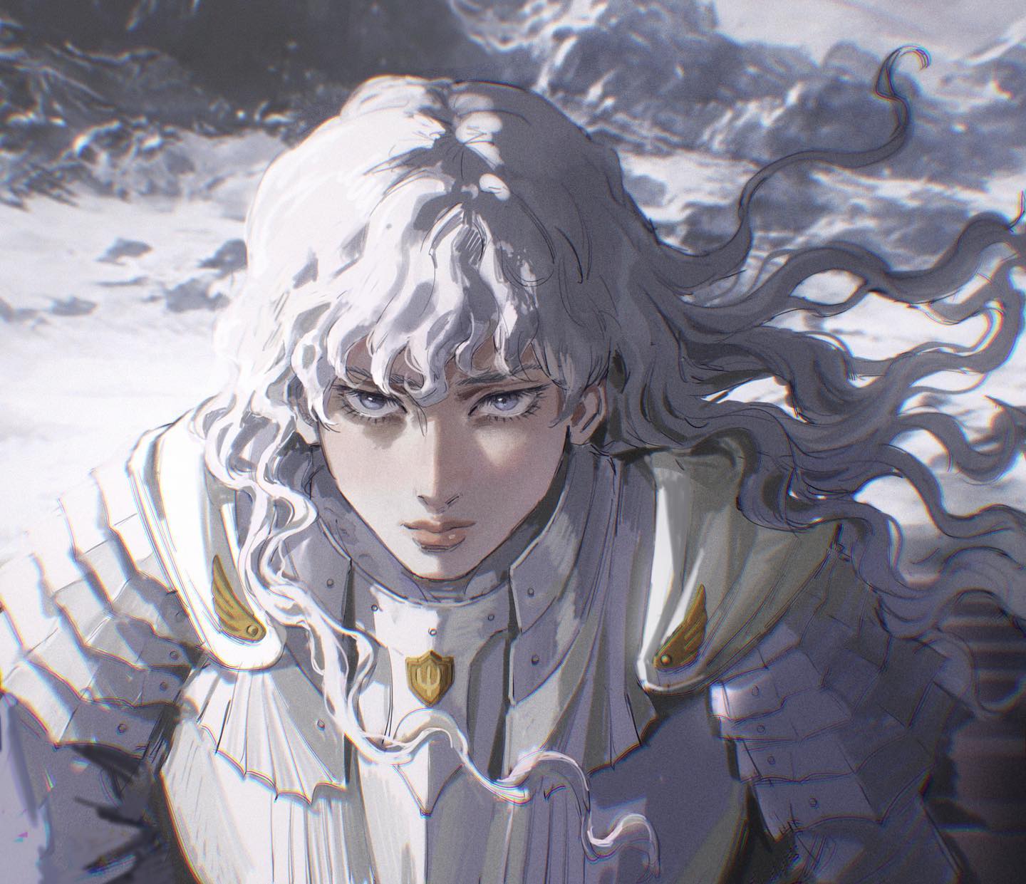 the image is a striking piece of digital fanart depicting casca from the manga and anime series berserk.  she is portrayed in a closeup, with her characteristic long, silverwhite hair dramatically windblown. casca wears detailed, lightcolored armor with gold accents, suggesting a position of power or knighthood. the background hints at a snowy, mountainous terrain, enhancing the sense of harsh environment. her expression is serious and determined, conveying strength and resilience. the art style is highly detailed and showcases both realistic features and animeinfluenced elements, creating a blend of styles. the overall mood is one of intensity and quiet strength, reflecting casca's personality within the narrative.