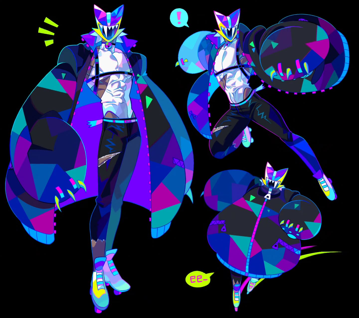 the image showcases a striking digital illustration of a character, possibly fanart, designed in a vibrant and energetic style reminiscent of synthwave or 80s/90s aesthetics. the character sports a wolflike mask and wears an oversized jacket with geometric, polygonbased patterns in neon shades of blue, purple, pink, and teal.  the character is depicted in three different poses: a standing pose, a dynamic action pose, and a more relaxed, almost chibilike pose. the overall design and color palette evoke a sense of speed, energy, and futuristic fantasy. the style is distinctly animeinfluenced but with a bold and modern edge.  the background is black, allowing the character's bright colors to stand out prominently.