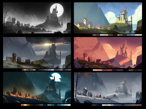 six different stylized landscape paintings of a castle on a hill overlooking a village. each painting has a different color palette and lighting scheme. the top left painting is grayscale, the top right is daytime, the middle left is sunrise, the middle right is sunset, the bottom left is night with fire, and the bottom right is winter with snow.