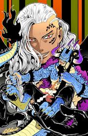 he image is a vibrant and detailed mangastyle illustration featuring two central characters.  a person with long, flowing white hair and dark skin is depicted in a dominant position, possibly a powerful mage or leader.  they appear to be holding or interacting intimately with a smaller, blue, dragonlike creature that has purple accents and horns. the style is highly stylized with bold lines, dramatic shading, and intense coloring.  the background is a blend of black and orange stripes, creating a striking visual contrast with the characters. the overall mood is one of power, mystery, and potentially conflict or intense connection between the two central figures. the art style suggests a strong influence from japanese manga and anime traditions.