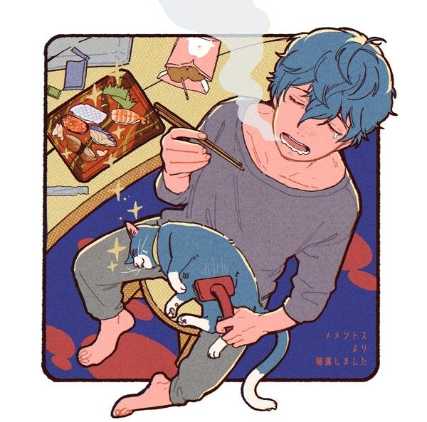 the image is an animestyle illustration of a young man with blue hair sitting on the floor, eating sushi with chopsticks. he appears sad or tired, with tears in his eyes. a cat is sleeping on his lap, and he seems to be grooming it with a brush. the scene is set in a simple, homey environment, with a retrostyle color palette. the overall mood is melancholic, yet comforting. the text in the bottom right corner appears to be japanese.