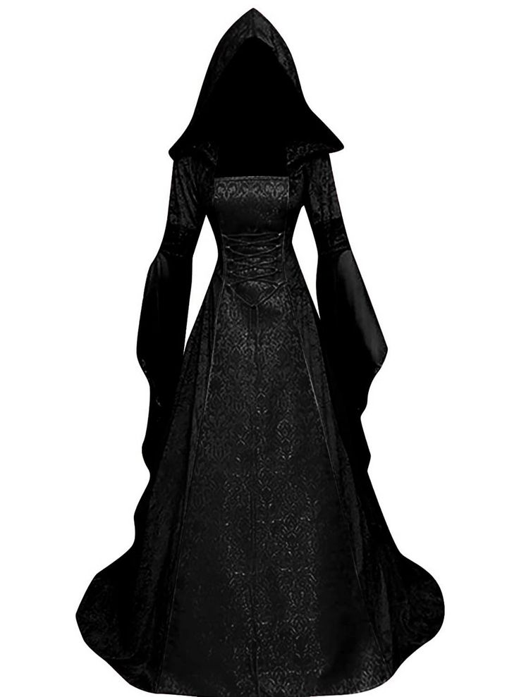 a long black hooded dress with long sleeves. the dress is elegant and has a gothic style. it would be perfect for a costume party or a renaissance faire. the dress is made of a soft fabric and has a flowing silhouette.