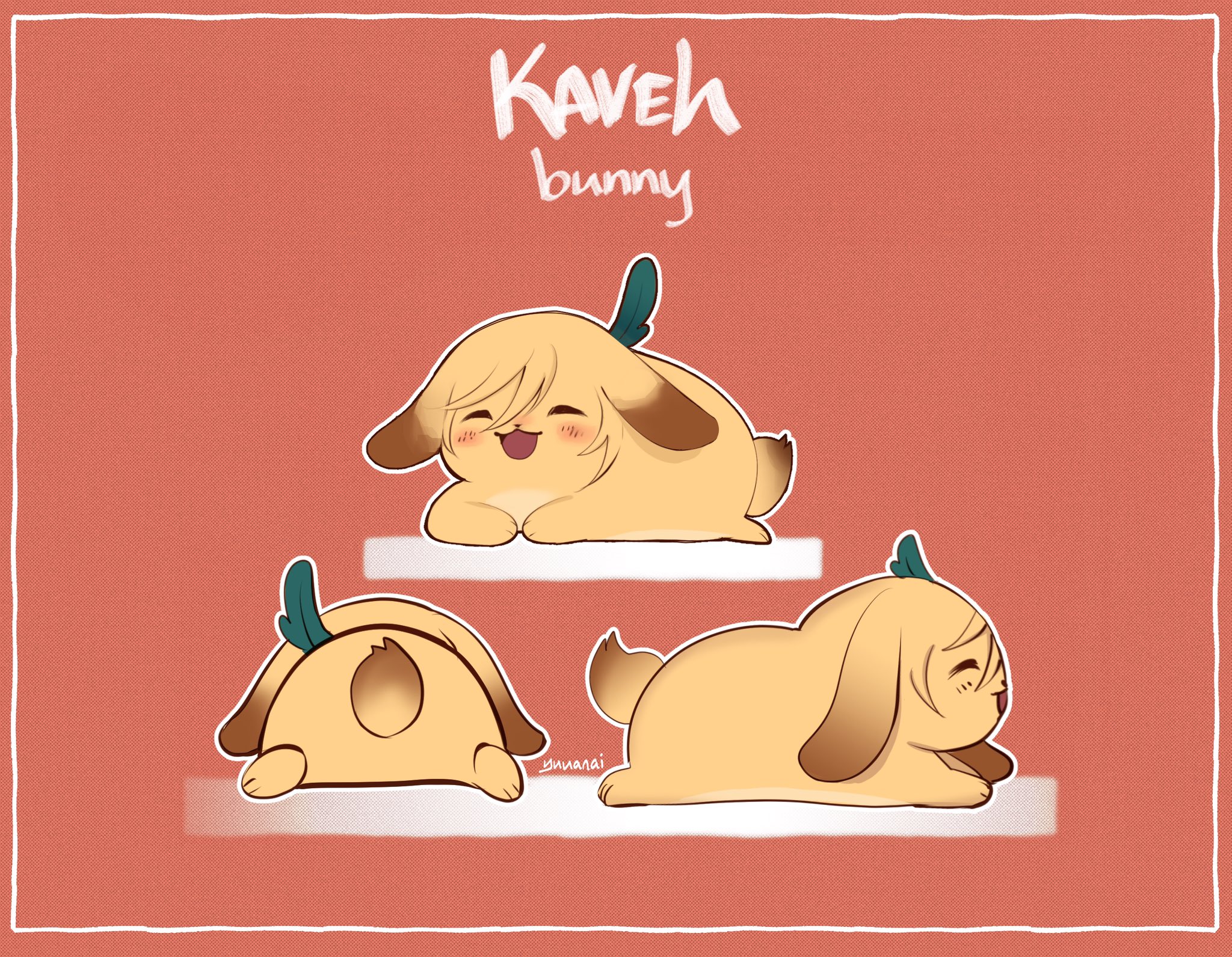 this is a digital illustration of the genshin impact character kaveh, drawn as a cute bunny. he is shown in three different poses. the background is a simple red color.