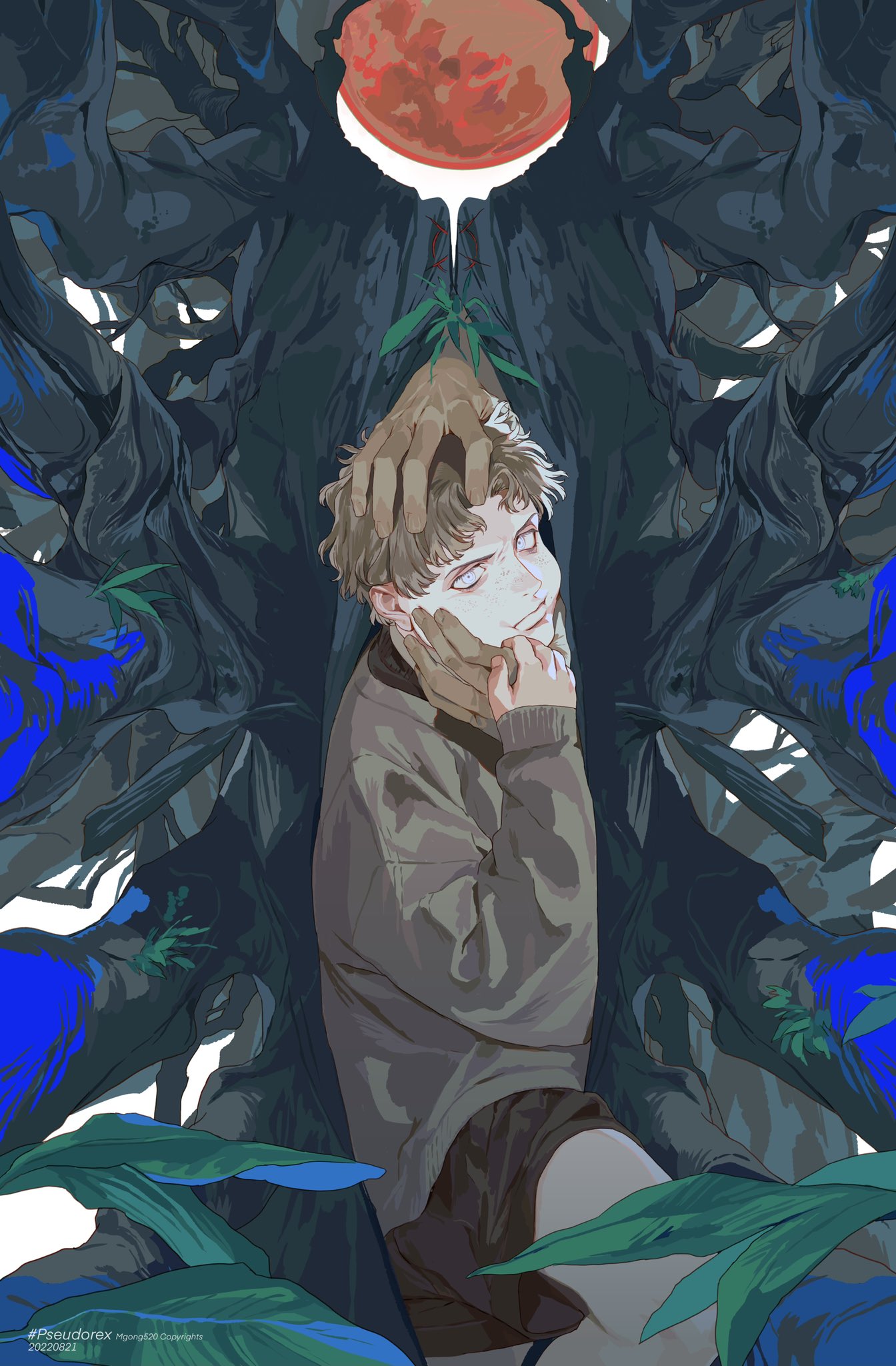 a surreal digital illustration featuring a young man with pale skin and dilated pupils, his face partially obscured by large, pale hands. above him, a red moon drips a white substance, possibly illuminating or influencing the scene. the hands seem to be both holding and manipulating his face. the setting includes dark, stylized trees with touches of blue and green, and large green leaves frame the bottom of the image, enhancing the eerie and fantastical atmosphere.