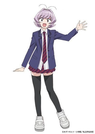 this is an official artwork of an anime girl. she has short, purple hair, and is wearing a school uniform consisting of a navy blue blazer, a white shirt, a red and black striped tie, a pleated skirt, thighhigh black socks, and white sneakers. she has a surprised and happy expression on her face and is waving with one hand. the background is white.