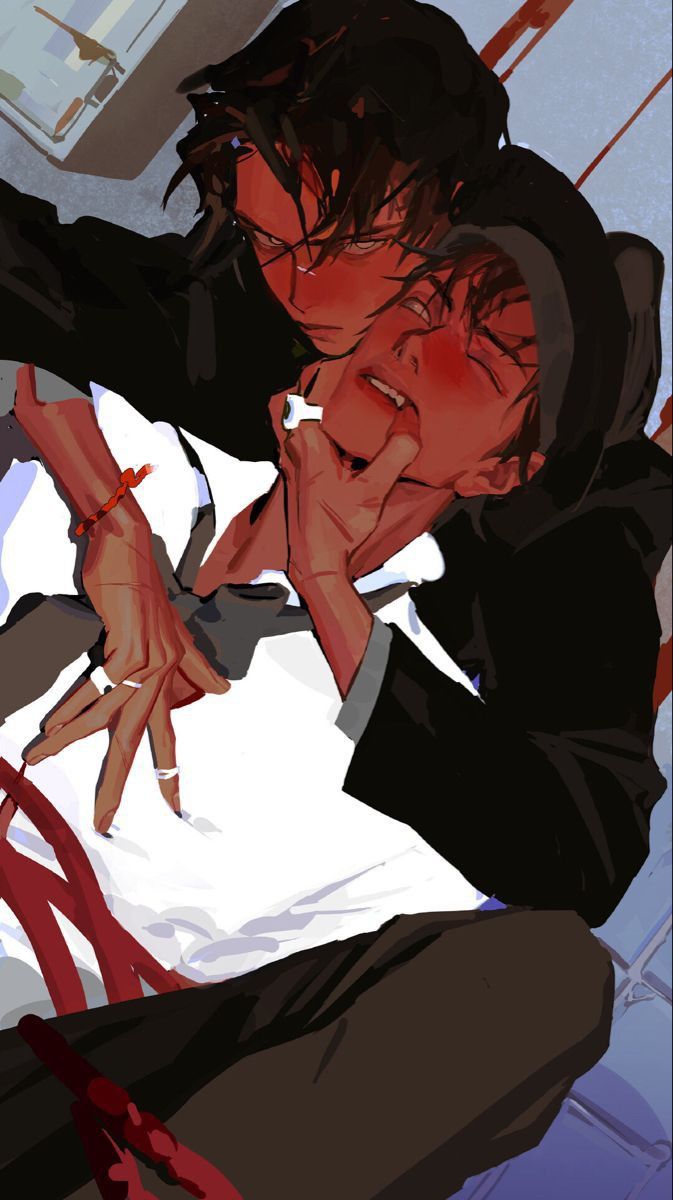 this anime illustration depicts a romantic scene between a couple. the image is set against a blurred background with a hint of blue. the person on top is wearing dark clothing and has red hair. the person on the bottom is wearing white clothing and has dark hair. the couple are embracing each other passionately, and their expressions are suggestive of a strong bond between them. the artist has used bright colors and dynamic lines to create a sense of energy and excitement, highlighting the couple's deep connection. the overall effect is one of intense love and romanticism.