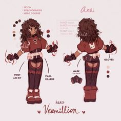 a digital drawing of an original character named ani on a white background.  ani is wearing a red and white crop top, black shorts with garters, tall red boots, and red gloves.  she has on a utility belt and a heartshaped face mask hangs from her belt.  the drawing is labeled with callouts that point to the character's outfit and gear.