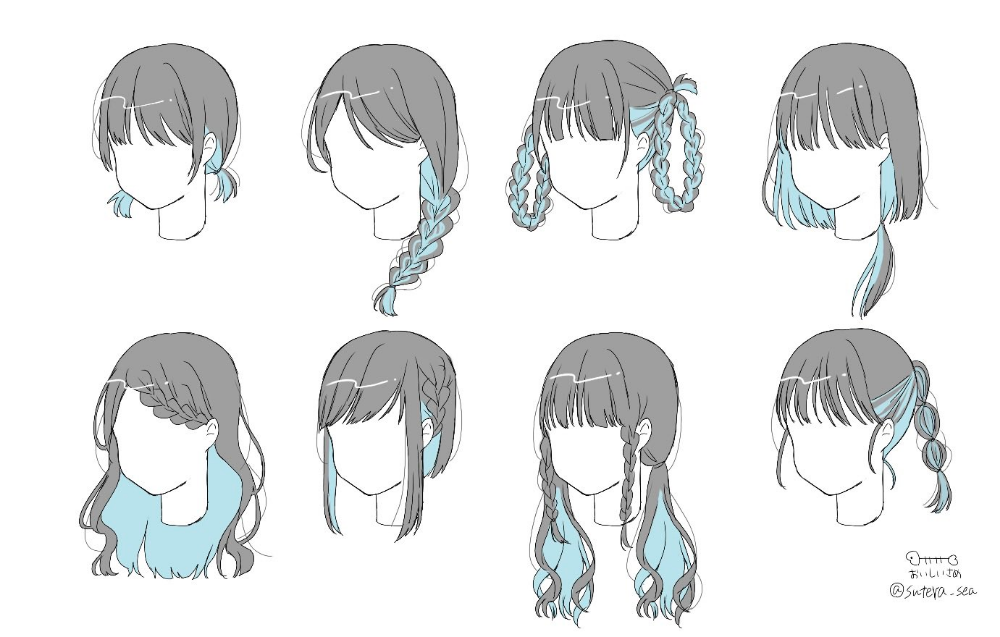 the image shows 8 different hairstyles of a female anime character with blue hair highlights on the right side of her head. each hairstyle features a unique arrangement of braids, ponytails, and loose strands, showcasing various styles for mediumlength hair. the drawings are simple line sketches, providing visual inspiration for character design or hairstyling ideas.