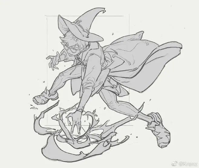this is a line art sketch of a wizard casting a spell. they are wearing a long, pointed hat and robes. the wizard's arms are outstretched, with their right hand pointing toward the ground. the spell is being cast from their left hand and is depicted as a swirling mass of energy. the wizard's expression is focused and determined.  the lines are thin and delicate, creating a sense of movement and energy. the sketch is unfinished, but it is clear that the artist has a strong understanding of anatomy and form. the overall style is somewhat animeesque, with exaggerated proportions and dynamic poses.