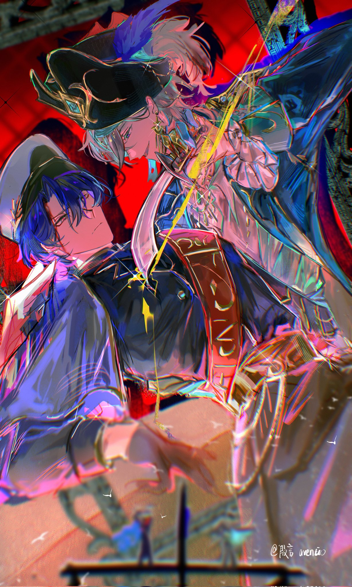 the image is a vibrant digital painting or illustration in an anime style. it depicts two male characters in elaborate, fantasyinspired costumes.  one character wears a dark, almost piratelike outfit and a large hat, while the other has a more ornate, regallooking costume.  they are positioned in a dynamic, closeup shot, seemingly midaction,  with a sword and possibly a bow and arrow present in the composition.  the art style is heavily stylized, employing intense color saturation, dynamic brush strokes, and a dramatic use of light and shadow, creating a feeling of energy and intensity. the background is predominantly red and contributes to the overall dramatic mood. the details of the costumes and characters' expressions are very intricate and expressive. the overall aesthetic is fashionable and stylish, typical of modern anime fanart.