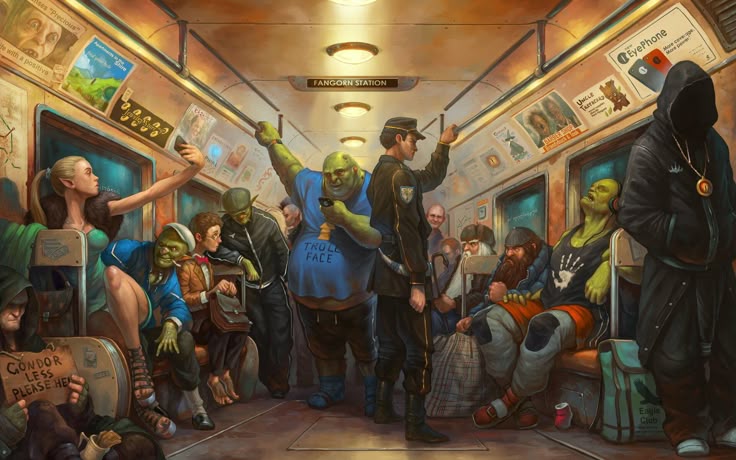 a fantasythemed subway car filled with various creatures including orcs, trolls, elves, hobbits, and dwarves, resembling commuters. the scene includes humorous details like an "eyephone" advertisement, a sign reading "gondor: less, please help," and a station labeled "fangorn station." the image blends fantasy elements with modern urban life.
