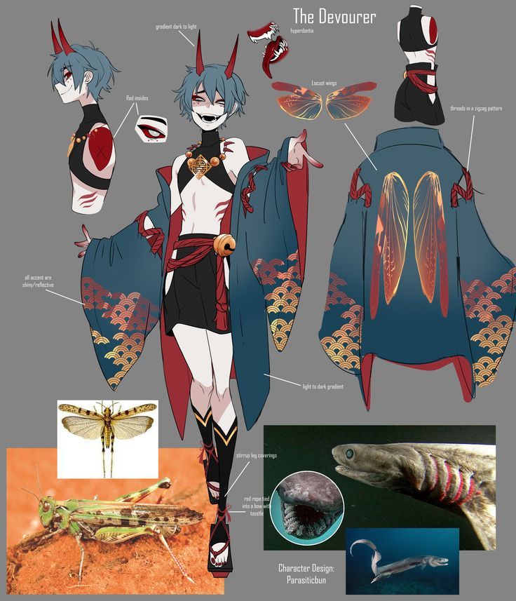 the image showcases a character design titled "the devourer" by parasiticbun. it features an animestyle character with demonic features, including red horns and hyperdontia (excessive teeth). the character wears a kimonostyle garment with red and blue fabric, adorned with gold wavelike patterns. lucent wings are displayed, and the character design incorporates elements from locusts, as seen in the reference images of locusts and the wings. the character's leg coverings and feet also appear to be inspired by parasitic sea creatures, as indicated by the images of a shark and other sea organisms. there are also notes about gradient color schemes, shiny accents, and red "noodle" like details.