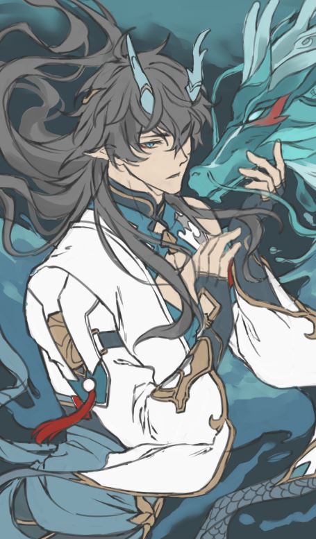 the image shows an anime character with long black hair, blue eyes, and a white outfit holding a blue dragon with gold details. the character has a gold and blue ornament in their hair, and the dragon is partially obscured by their hair. the background is a blur of green and gray, and the character and dragon are positioned in a diagonal composition. the image is drawn in a digital art style.