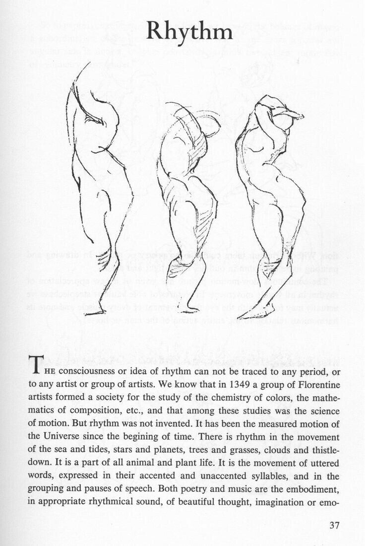 he image shows a page from a book with the title "rhythm" at the top. below the title are three quick sketches of human figures in various dynamic poses, illustrating the concept of rhythm in movement. the page also contains text describing the concept of rhythm and its presence in various aspects of life, from the natural world to art and music. the text notes that the understanding of rhythm can't be traced to a specific period or artist, but its existence is inherent in the universe. the text mentions a group of florentine artists in 1349 who studied motion, although rhythm itself was not invented.  the page number 37 is visible at the bottom right.