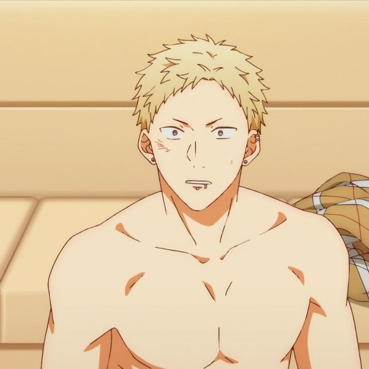 a closeup shot of a shirtless anime character with blonde hair, a muscular physique, and a slightly blushed face. he appears to be shy or embarrassed, looking away from the viewer. he is likely a young male anime character. the background is a light brown color, possibly representing a bedroom or other indoor setting.