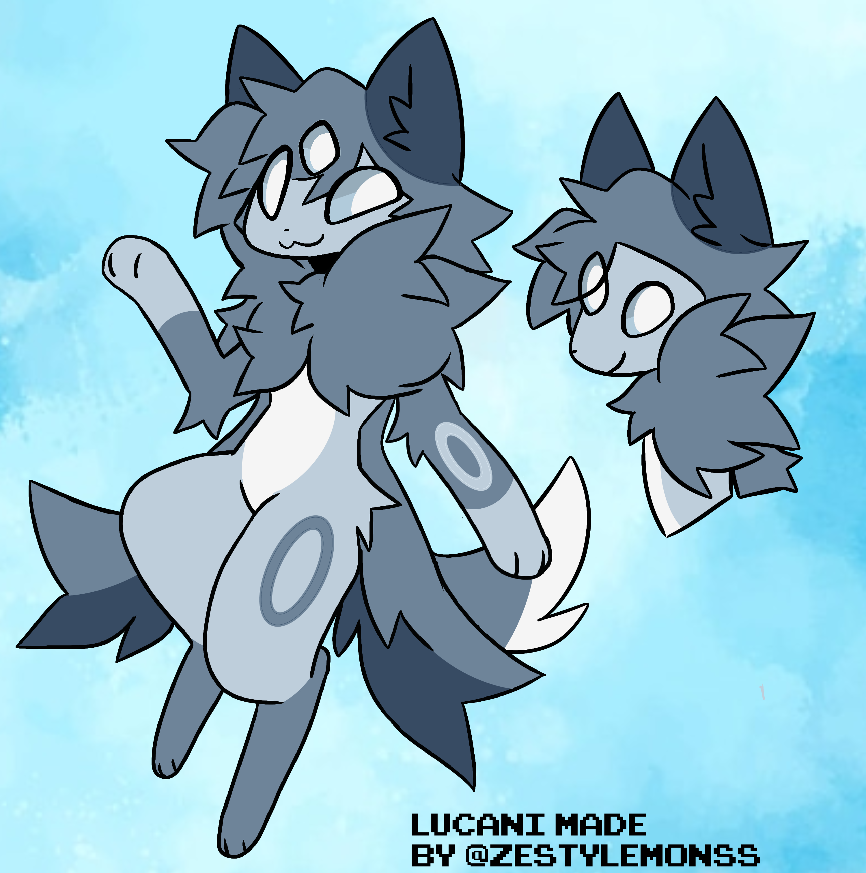 a digital illustration of a furry anthro wolf pup. it is blue and gray with white markings and large fluffy ears. it has big round eyes and a wide smile. its head is turned to the right, and its tail is curled up behind it. the wolf pup is floating in midair against a blue sky. there is a small side profile of the wolf pup to the right, which shows its head and neck. the artwork has a simple, cartoonish style. the caption "lucani made by @zestlemonss" is at the bottom of the image.