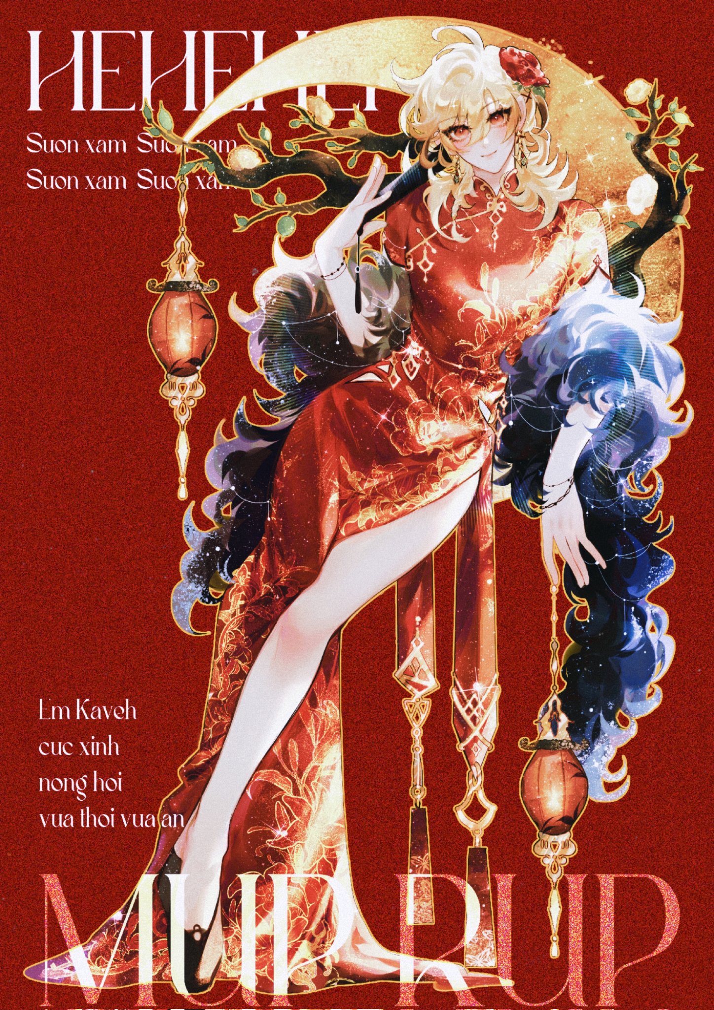 this is a stunning piece of fanart depicting kaveh from genshin impact. he is dressed in a beautiful, traditional red chinesestyle gown adorned with intricate gold detailing.  his long blonde hair flows around him. he is posed elegantly, seated with one leg crossed over the other, against a backdrop of a red background featuring a crescent moon and hanging lanterns. the style is highly stylized, reminiscent of anime and digital painting techniques. vietnamese text is present within the image. the overall mood is luxurious and festive.