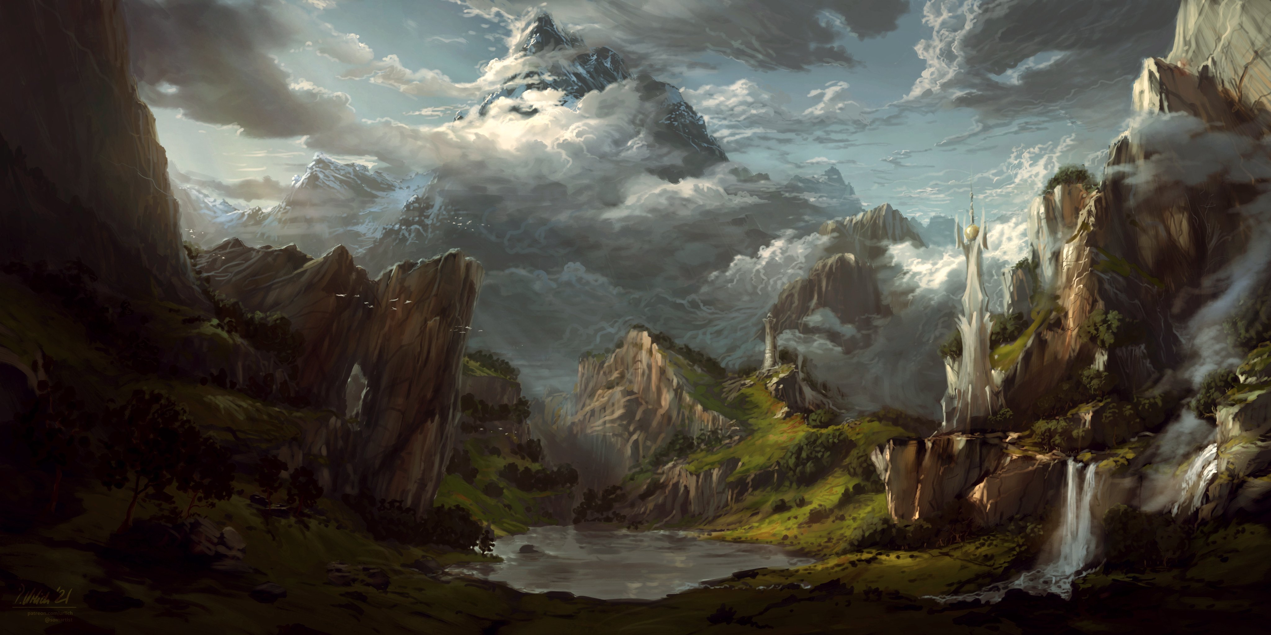 the image depicts a breathtaking fantasy landscape dominated by a towering, snowcapped mountain shrouded in clouds. a valley unfolds below, featuring a tranquil lake or river meandering through lush green valleys.  rugged cliffs and rock formations punctuate the scene, with waterfalls cascading down some of their faces.  a tall, slender, lightcolored tower or castle stands prominently on a hill, adding an element of fantasy architecture. the overall mood is one of serene majesty, enhanced by the play of light and shadow and the rich detail of the landscape.  the style suggests a digital painting or highquality illustration.