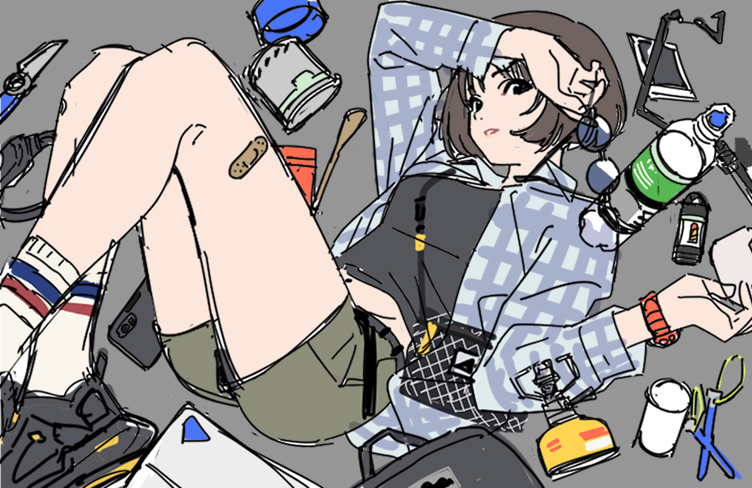 the image is a colorful and dynamic illustration of a young animestyle girl lounging on the floor amidst a scattering of everyday items. she is dressed in casual attire—a plaid shirt, shorts, and socks—and has headphones around her neck.  the scene is depicted in a loose, sketchy style, with visible lines and shading suggesting a quick, expressive drawing.  the girl appears relaxed and possibly tired, with her hand resting on her forehead.  the surrounding objects include a backpack, various cans and bottles, a cell phone, and tools or gadgets, creating a sense of casual clutter.  the overall style evokes a sense of youthfulness and slightly messy energy.
