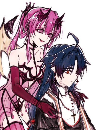 an animestyle illustration of a female demon with pink hair and wings, wearing a pink and red outfit, holding a male character with blue hair, wearing a black and white priest outfit, with a red rosary around his neck. the female demon has a playful, teasing expression, while the male priest has a calm, serious expression. they are both depicted in a loving and romantic way.