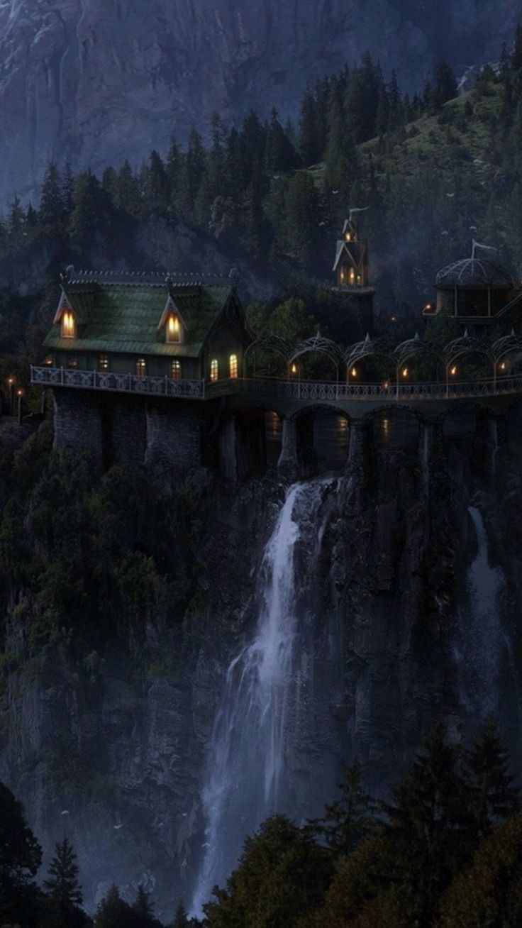the image shows a structure reminiscent of rivendell from the lord of the rings, built on a cliffside with a waterfall cascading down. the architecture is intricate, with a bridge connecting different parts of the building. the windows are illuminated, suggesting it is night. tall mountains and dense forests surround the structure.